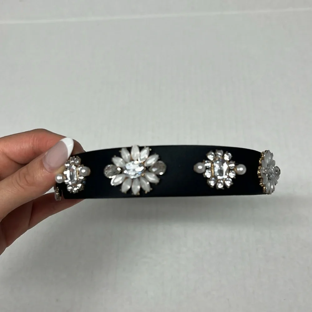 Black Satin Jeweled Embellished faux pearl rhinstones Headband coquette softgirl - Picture 8 of 8